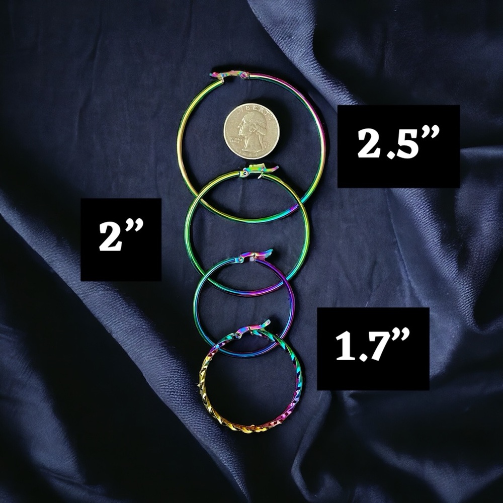 2.5” Oil slick stainless steel hoop earrings - Picture 2 of 2